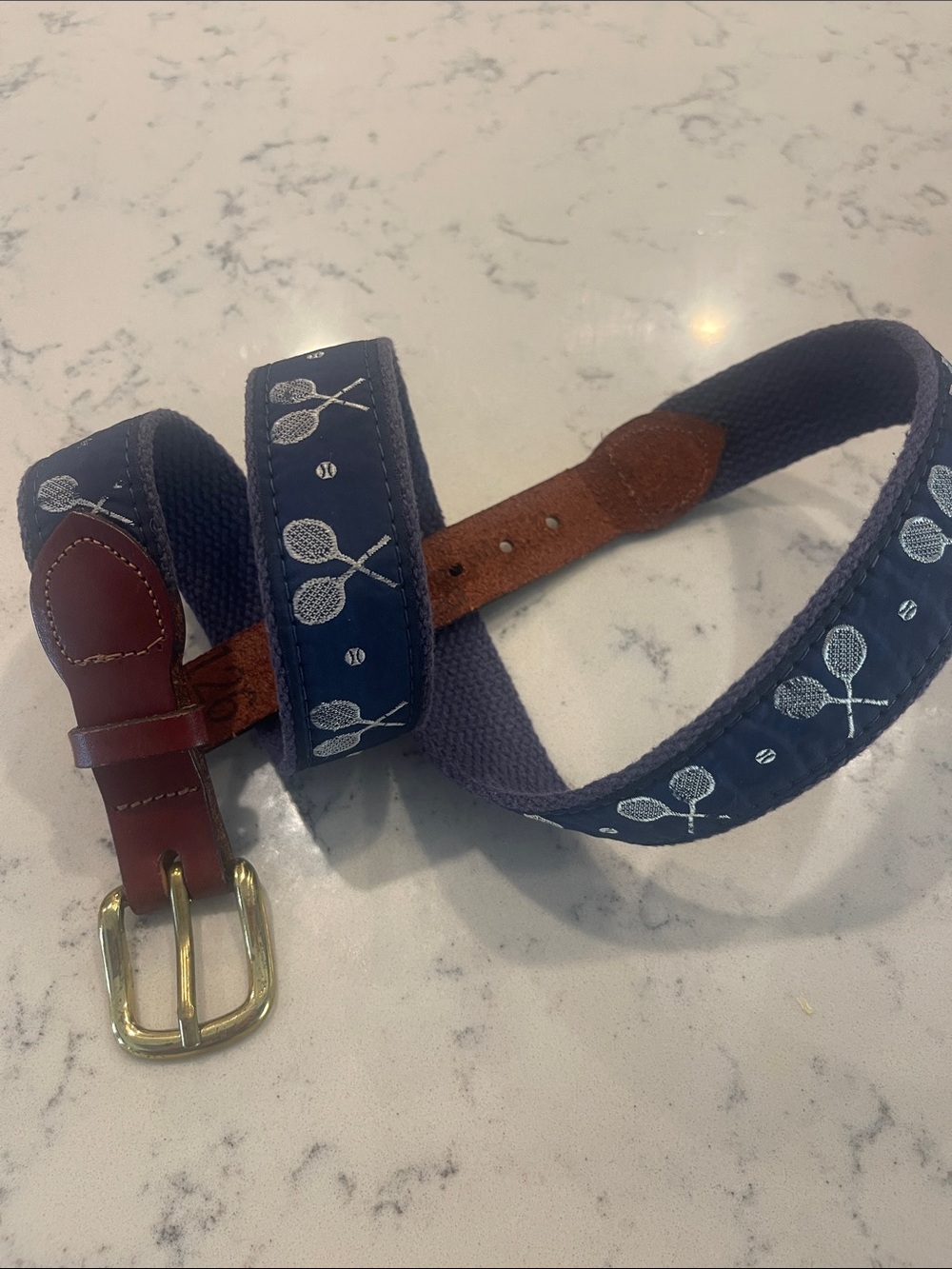 J. PRESS Tan Leather Tennis Woven Preppy Navy Belt - Men's Size 36